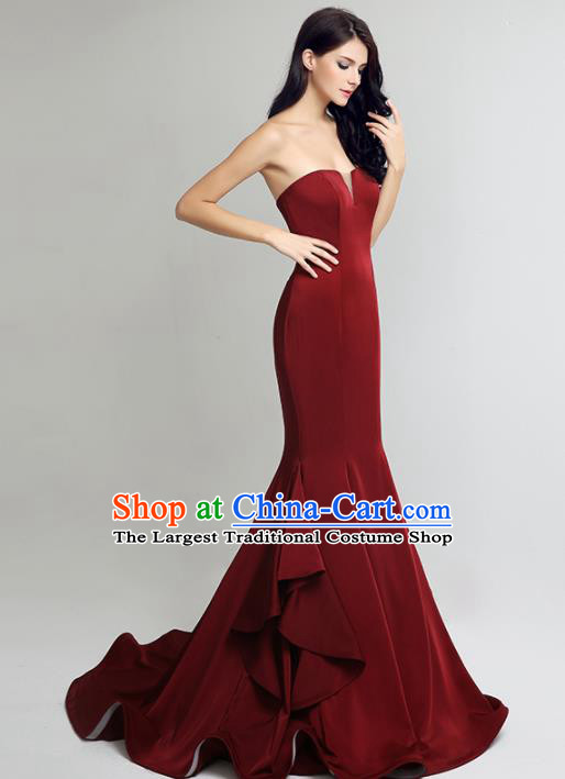 Professional Compere Costume Wine Red Full Dress Top Grade Modern Dance Princess Wedding Dress for Women