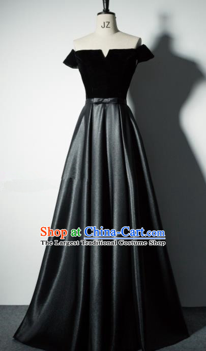 Professional Compere Costume Flat Shouders Black Full Dress Modern Dance Princess Wedding Dress for Women