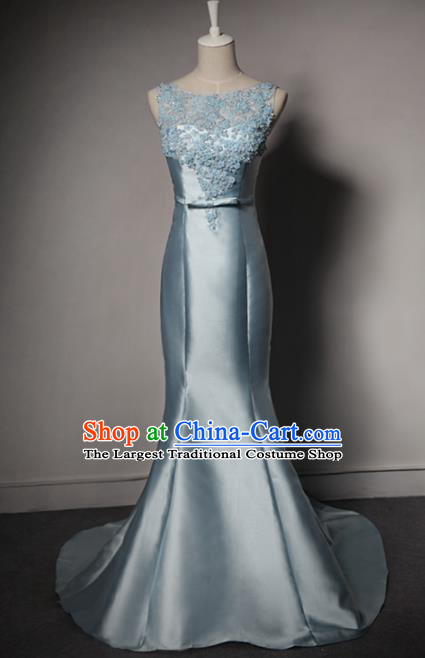 Top Grade Catwalks Blue Satin Evening Dress Compere Modern Fancywork Costume for Women