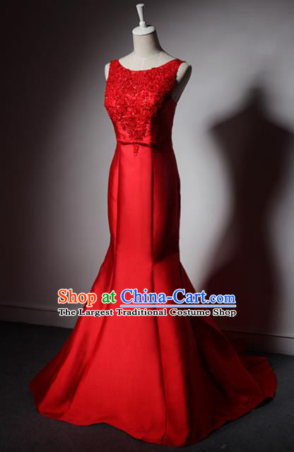 Top Grade Catwalks Red Satin Evening Dress Compere Modern Fancywork Costume for Women
