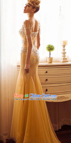 Top Grade Catwalks Yellow Veil Evening Dress Compere Modern Fancywork Costume for Women