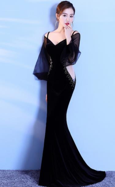 Top Grade Catwalks Black Trailing Evening Dress Compere Modern Fancywork Costume for Women