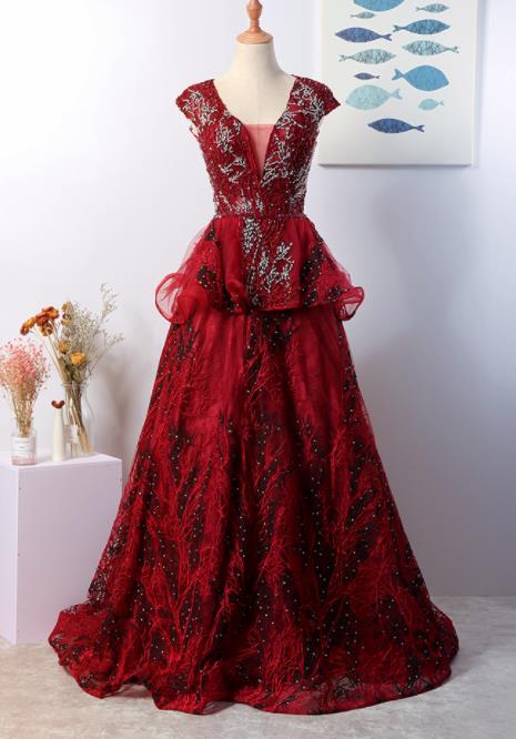 Top Grade Catwalks Diamante Red Evening Dress Compere Modern Fancywork Costume for Women