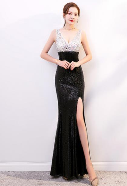 Top Grade Catwalks Diamante Black Evening Dress Compere Modern Fancywork Costume for Women