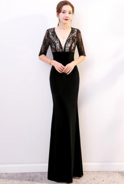 Top Grade Catwalks Black Lace Evening Dress Compere Modern Fancywork Costume for Women