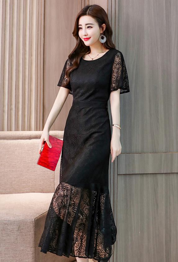Top Grade Catwalks Black Embroidered Lace Evening Dress Compere Modern Fancywork Costume for Women