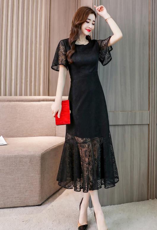 Top Grade Catwalks Black Embroidered Lace Evening Dress Compere Modern Fancywork Costume for Women