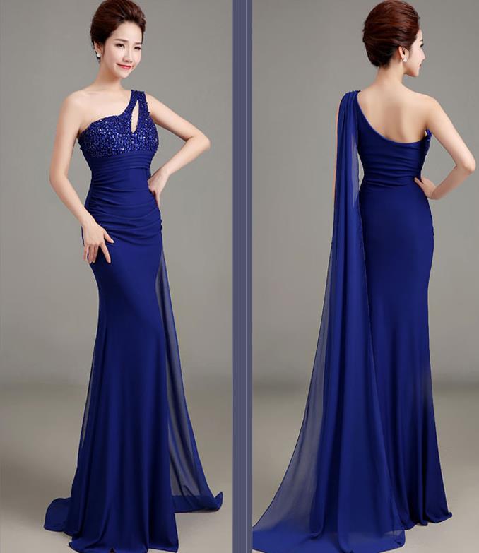 Top Grade Catwalks Deep Blue Evening Dress Compere Modern Fancywork Costume for Women