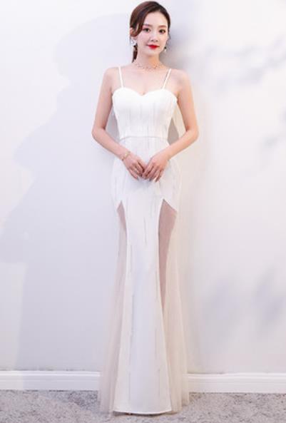 Top Grade Catwalks White Paillette Sexy Evening Dress Compere Modern Fancywork Costume for Women