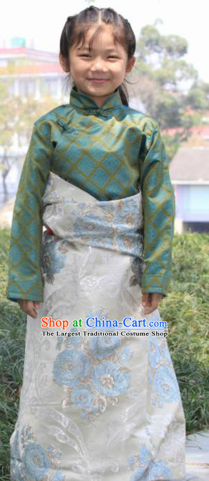 Chinese Traditional Tibetan Children White Robe Zang Nationality Heishui Dance Ethnic Costumes for Kids