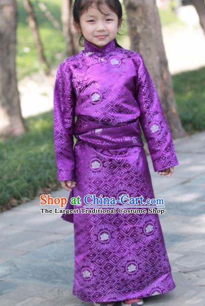 Chinese Traditional Tibetan Children Purple Robe Zang Nationality Heishui Dance Ethnic Costumes for Kids