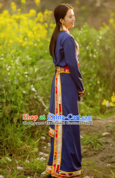 Chinese Traditional Tibetan Ethnic Female Navy Dress Zang Nationality Heishui Dance Costume for Women