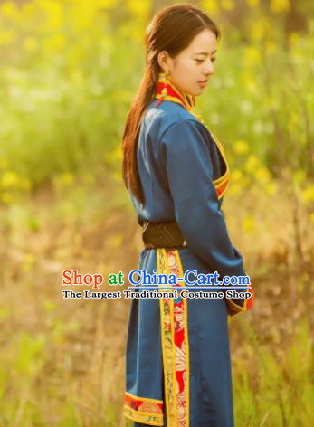 Chinese Traditional Tibetan Ethnic Female Blue Dress Zang Nationality Heishui Dance Costume for Women