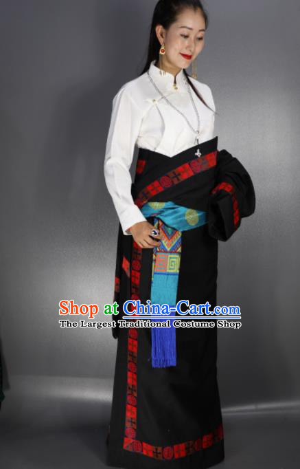Chinese Traditional National Ethnic Black Tibetan Robe Zang Nationality Folk Dance Costume for Women