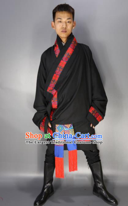 Chinese Traditional National Ethnic Black Tibetan Robe Zang Nationality Folk Dance Costumes for Men