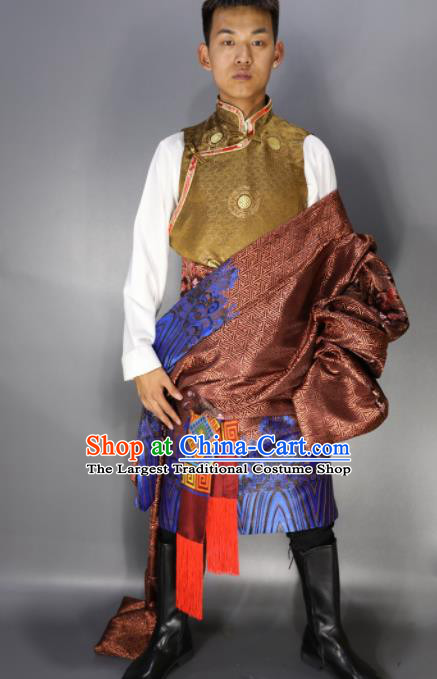 Chinese Traditional National Ethnic Bronze Tibetan Robe Zang Nationality Folk Dance Costumes for Men