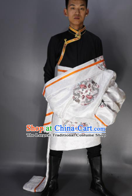 Traditional Chinese National Ethnic Embroidered White Tibetan Robe Zang Nationality Folk Dance Costumes for Men