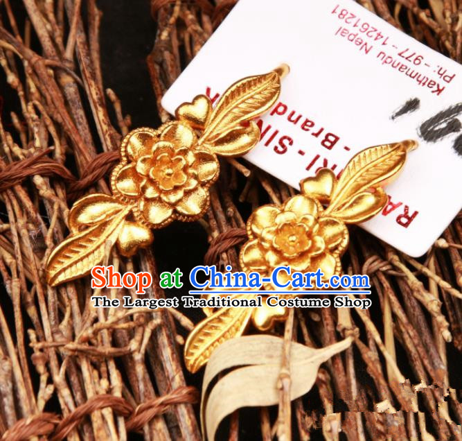 Chinese Traditional Ethnic Tibetan Ear Accessories Zang Nationality National Golden Flower Earrings for Women