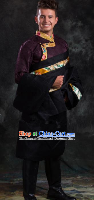 Chinese Traditional Black Tibetan Robe Zang Nationality Ethnic Folk Dance Costume for Men