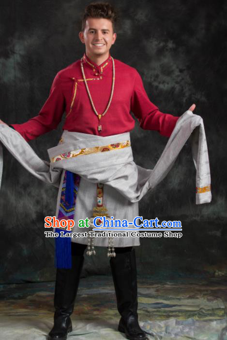 Chinese Traditional Tibetan Robe Zang Nationality Ethnic Folk Dance Costume for Men