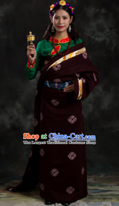Chinese Traditional National Ethnic Amaranth Tibetan Robe Zang Nationality Costume for Women