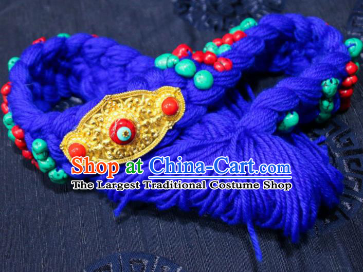 Chinese Traditional Ethnic Tibetan Hair Accessories Zang Nationality National Blue Woolen Yarn Hair Clasp for Women