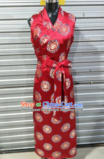 Traditional Chinese National Tibetan Ethnic Red Dress Zang Nationality Folk Dance Costume for Women