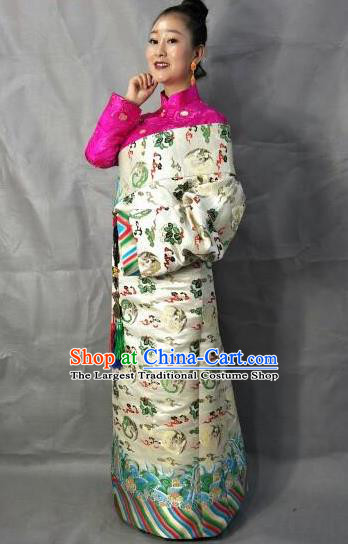 Traditional Chinese National Ethnic Bride White Brocade Tibetan Robe Zang Nationality Folk Dance Costume for Women