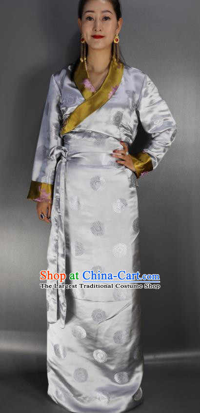Traditional Chinese National Ethnic Grey Brocade Tibetan Dress Zang Nationality Folk Dance Costume for Women