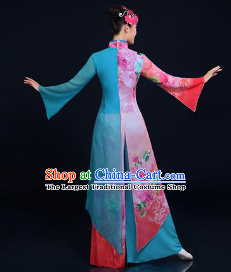 Traditional Chinese Classical Dance Blue Dress Umbrella Dance Fan Dance Costume for Women