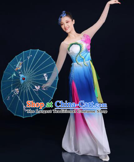 Traditional Chinese Classical Dance Blue Dress Umbrella Dance Stage Performance Fan Dance Costume for Women