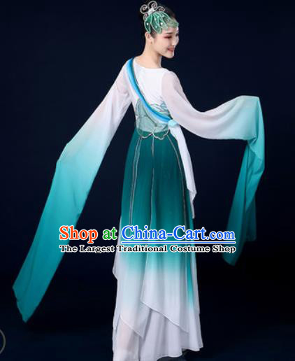 Chinese Traditional Classical Dance Water Sleeve Green Dress Umbrella Dance Stage Performance Costume for Women