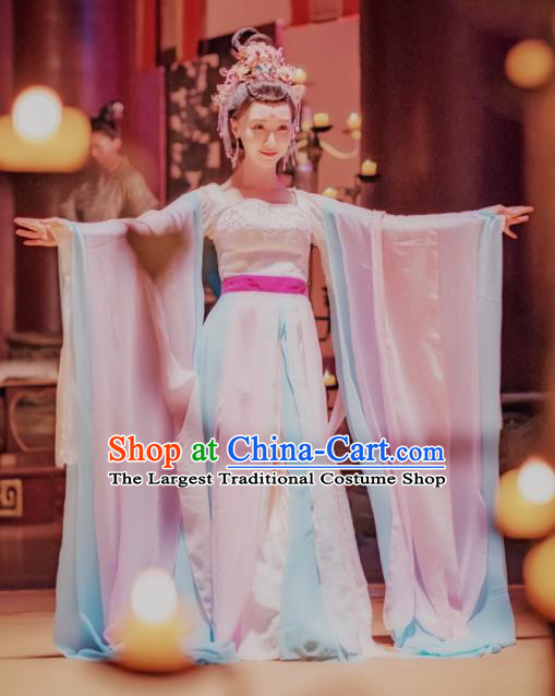 Chinese Ancient Drama Imperial Consort Embroidered Replica Costume Tang Dynasty Palace Dancer Hanfu Dress and Headpiece for Women
