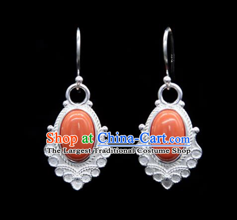 Chinese Traditional Tibetan Ethnic Ear Accessories Zang Nationality Handmade Coral Stone Earrings for Women