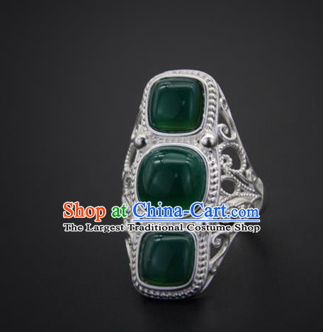 Chinese Traditional Mongolian Ethnic Rings Accessories Handmade Mongol Nationality Green Agate Finger Ring for Women