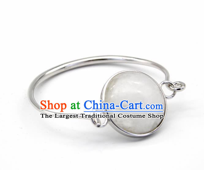 Chinese Traditional Mongolian Ethnic White Chalcedony Bracelet Accessories Handmade Mongol Nationality Bangle for Women