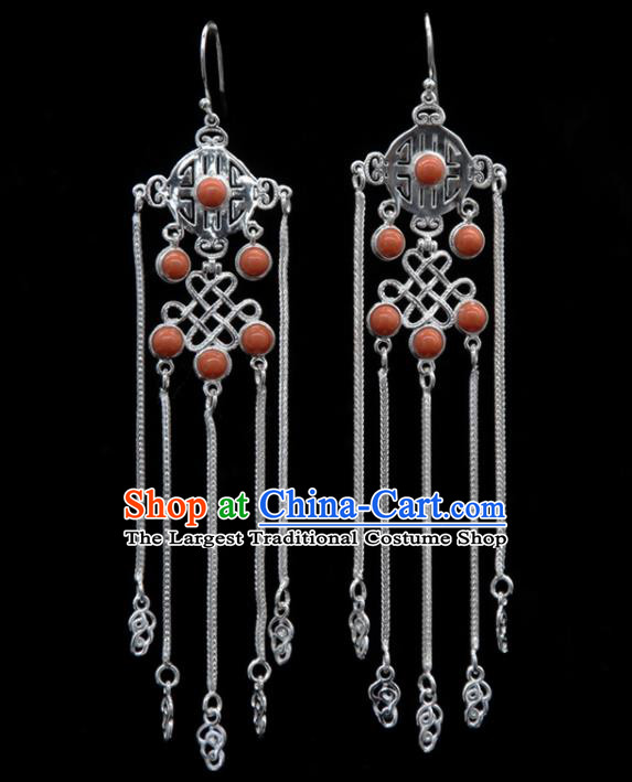 Chinese Traditional Mongolion Ethnic Coral Stone Tassel Ear Accessories Mongol Nationality Handmade Earrings for Women