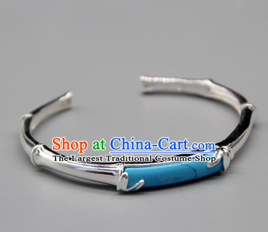 Chinese Traditional Tibetan Ethnic Blue Stone Bracelet Accessories Handmade Zang Nationality Sliver Bangle for Women