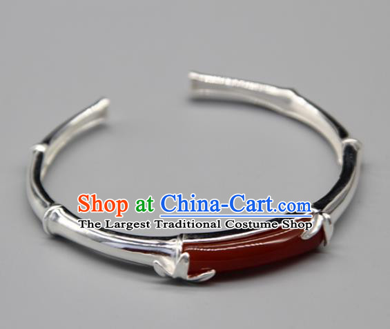 Chinese Traditional Tibetan Ethnic Agate Bracelet Accessories Handmade Zang Nationality Sliver Bangle for Women