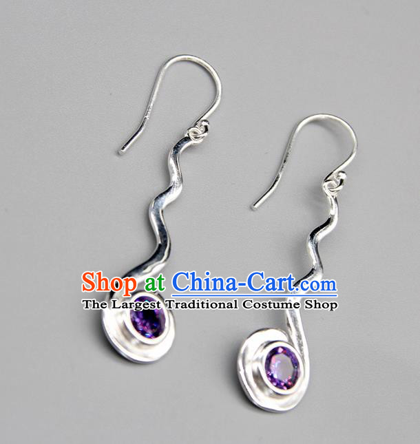 Chinese Traditional Mongolion Ethnic Purple Crystal Sliver Ear Accessories Mongol Nationality Handmade Earrings for Women