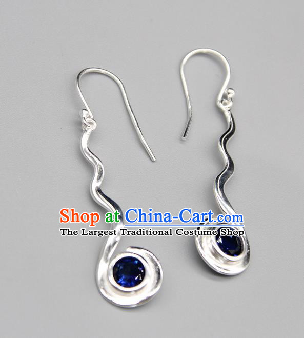 Chinese Traditional Mongolion Ethnic Blue Crystal Sliver Ear Accessories Mongol Nationality Handmade Earrings for Women