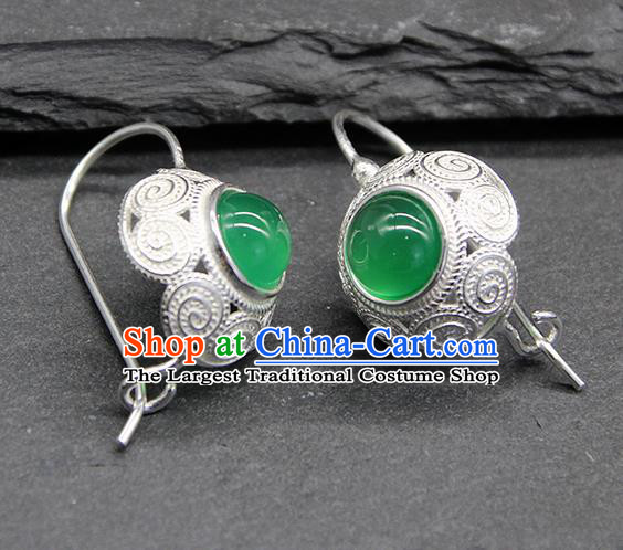 Chinese Traditional Mongolion Ethnic Sliver Carving Ear Accessories Mongol Nationality Green Agate Earrings for Women