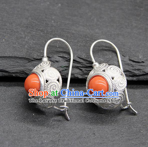 Chinese Traditional Mongolion Ethnic Sliver Carving Ear Accessories Mongol Nationality Coral Stone Earrings for Women
