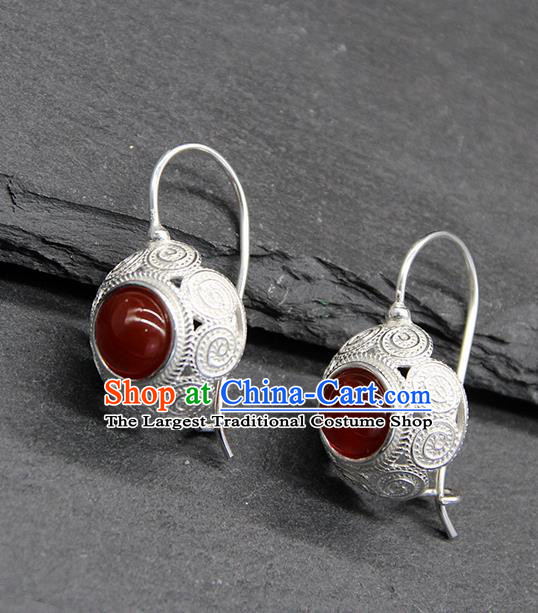 Chinese Traditional Mongolion Ethnic Sliver Carving Ear Accessories Mongol Nationality Agate Earrings for Women