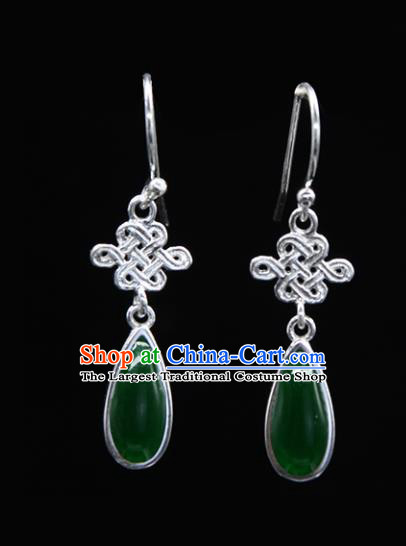 Chinese Traditional Mongolion Ethnic Chinese Knot Ear Accessories Mongol Nationality Green Agate Earrings for Women