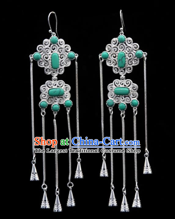 Chinese Traditional Ethnic Wedding Ear Accessories Mongol Nationality Handmade Green Stone Tassel Earrings for Women