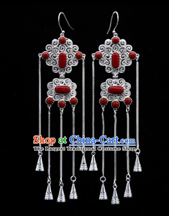 Chinese Traditional Ethnic Wedding Ear Accessories Mongol Nationality Handmade Red Stone Tassel Earrings for Women