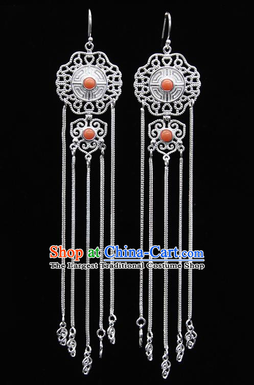 Chinese Traditional Mongolion Ethnic Coral Stone Sliver Tassel Ear Accessories Mongol Nationality Earrings for Women