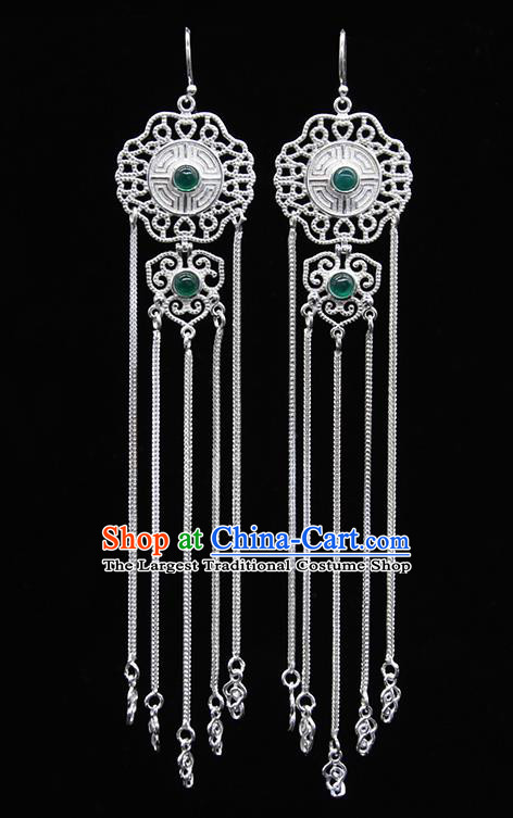 Chinese Traditional Mongolion Ethnic Green Agate Sliver Tassel Ear Accessories Mongol Nationality Earrings for Women