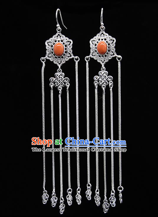 Chinese Traditional Mongolion Ethnic Wedding Sliver Tassel Ear Accessories Mongol Nationality Coral Stone Earrings for Women